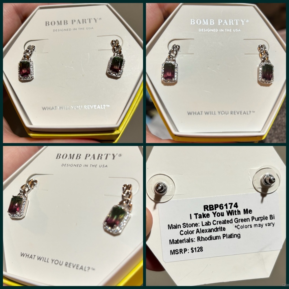 NIB WICKED Bomb Party Green and Purple Alexandrite Earrings in rhodium plating